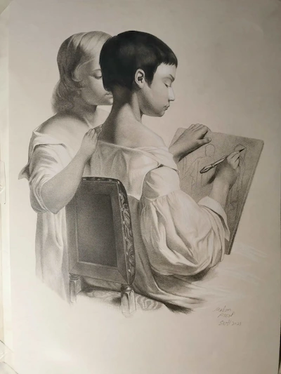 Academic pencil drawing Bernard-Romain Julien, the mutual lesson, classical realism
